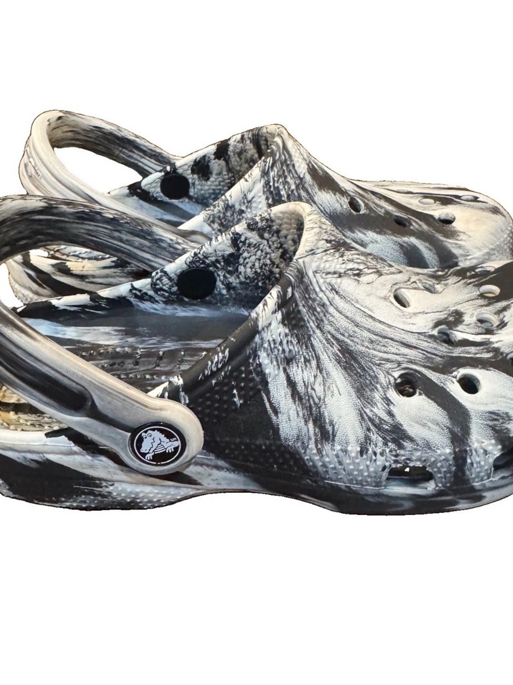 Crocs Big Kid Size J4 Unisex Classic Marbled Clog White And Black - Picture 7 of 11